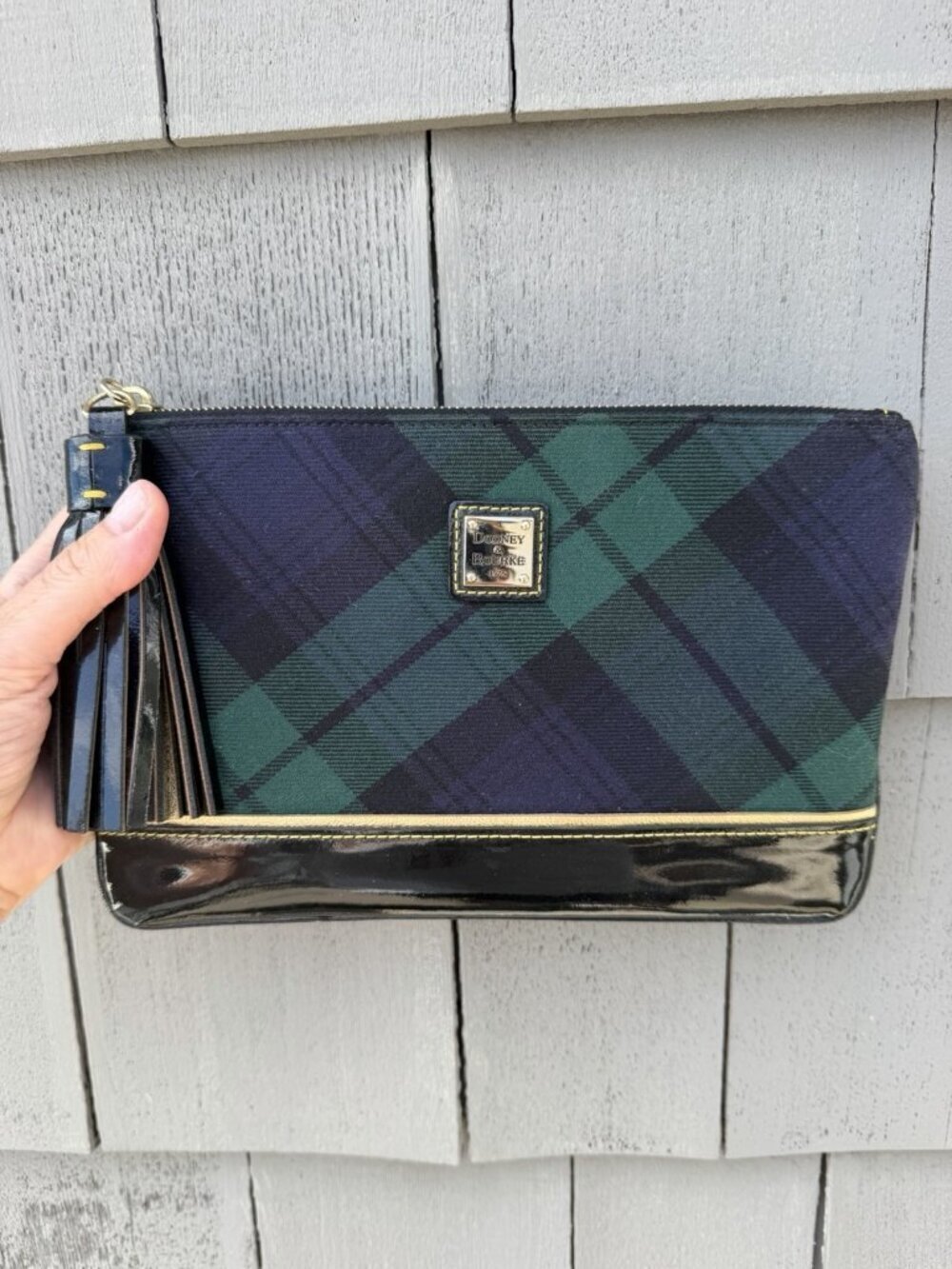 Dooney & Bourke green blue tartan plaid patent leather clutch tasseled preppy